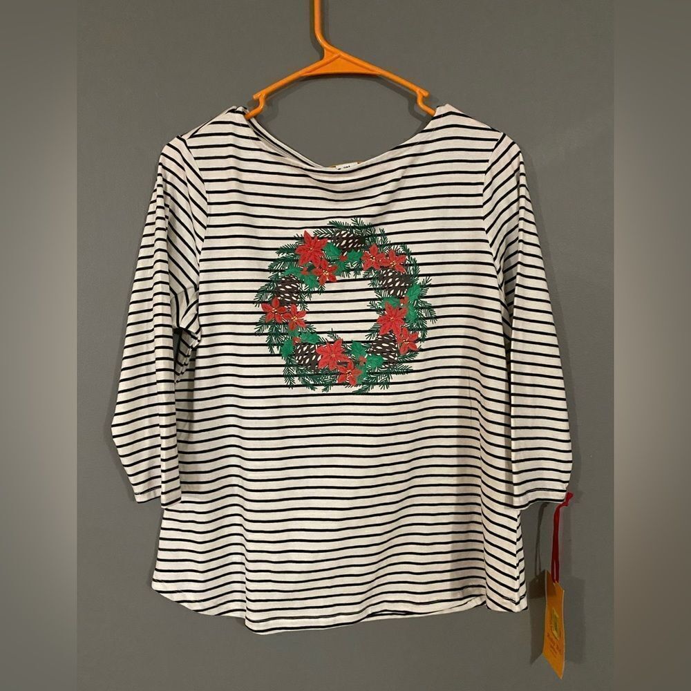 Ruby Rd Petite 3/4 Sleeve Wreath Stripes Shirt Size Medium NWT